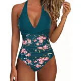Malla entera de color verde oscuro, combinada con un diseño floreado en la parte inferior. Presenta escote halter cruzado y fruncidos en la zona del abdomen.