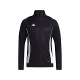Campera Adidas de entrenamiento, modelo Tiro 24, color negro con detalles en blanco. Corte entallado, cierre frontal completo, cuello alto, bolsillos laterales con cierre y tecnología AEROREADY. Confeccionada con materiales reciclados.