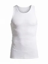 Pack de tres musculosas interiores de algodón acanalado, con diseño sin mangas y cuello redondo. El set incluye una musculosa blanca, una gris y una azul marino.