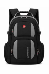 Mochila urbana Swissgear de diseño técnico, color negro con paneles en gris. Cuenta con múltiples compartimentos con cierre, manija superior reforzada, correas ajustables y bolsillos laterales de malla.