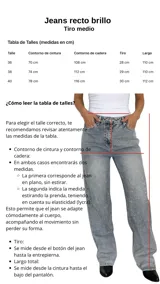 Pantalón de jean rígido de corte recto, con acabado lavado y aplicación de brillos distribuidos por toda la prenda. Presenta diseño de cinco bolsillos, cierre frontal con botón y tiro medio.