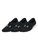 Pack de tres pares de medias invisibles Under Armour, color negro con logo gris. Confeccionadas en tejido ligero y transpirable con malla superior, talón ajustado con agarre de silicona antideslizante y puntera sin costuras.