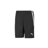 Short deportivo Puma Team Liga azul marino con cintura elástica, cordón ajustable, logo Puma estampado en blanco y franja lateral blanca.