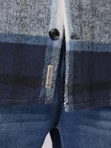 Sobrecamisa de corte recto con estampado de cuadros en tonos azul, blanco y gris. Presenta cuello clásico, cierre frontal con botones, mangas largas con puños abotonados y bolsillos frontales en el pecho.