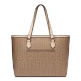 Cartera tipo tote bag grande de la marca Guess, modelo Medford, confeccionada en cuero sintético con estampado monograma en tonos marrón y beige. Cuenta con doble asa de hombro, un bolsillo frontal y un monedero o neceser colgante a juego con cierre.