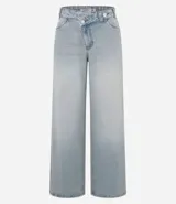 Pantalón wide leg de tiro medio confeccionado en denim de algodón. Presenta un diseño de cintura cruzada con cierre tradicional, trabillas para cinturón y bolsillos funcionales.