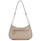 Cartera tipo hobo Guess modelo Carrie, color gris, con cierre superior, correa de hombro con eslabones metálicos y detalle de logo frontal.