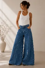 Pantalón de jean tiro alto con diseño wide leg, color morado con efecto acid wash.