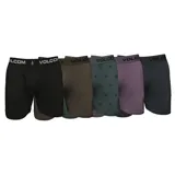 Pack de cinco boxers Volcom de distintos colores: negro, gris, verde y violeta. Todos tienen cintura elástica con el logo de la marca.