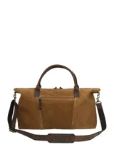 Bolso de viaje de gamuza marrón, con asas cortas de cuero liso, cierre superior con cremallera y detalles de refuerzo vertical.