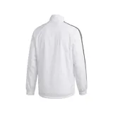 Campera deportiva Adidas de la selección de Alemania, modelo Anthem. Diseño en color blanco con cierre frontal, cuello alto, bolsillos laterales y las icónicas tres tiras de la marca en color negro a lo largo de las mangas. Presenta el logo de Adidas y el escudo de la selección alemana en el pecho.