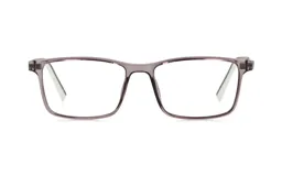 Armazón de anteojos recetados con marco rectangular de acetato en color gris traslúcido.