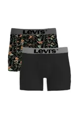 Pack de dos boxers tipo trunk de la marca Levi's. Uno de los modelos es de color negro liso y el otro presenta un estampado floral sobre fondo negro. Ambos cuentan con una cintura elástica gris con el logo de la marca en color negro.