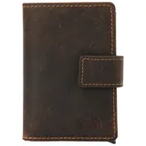 Billetera vertical de cuero marrón oscuro con efecto envejecido y costuras contrastantes en color beige. Posee un cierre de solapa con broche en el lateral derecho.