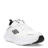 Championes urbanos Umbro modelo Dash, color blanco con detalles en negro. Presentan un diseño moderno con suela de plataforma, logo de la marca en el lateral y lengüeta, y cierre mediante cordones.