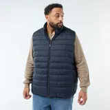 Chaleco puffer azul marino sin mangas, con cuello alto acolchado y diseño ligero.