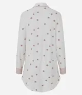 Camisón estilo americano de manga larga, confeccionado en tejido suave con estampado floral pequeño. Presenta cuello en V, cierre frontal abotonado, bolsillo en el pecho y detalles de encaje en los puños y hombros.