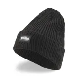 Gorro de lana Puma negro con logo rectangular blanco en el frente.
