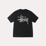 Camiseta negra de manga corta con cuello redondo y logo de Stussy estampado en blanco en la espalda.