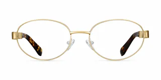 Lentes blueblocker con montura ovalada de acero inoxidable en color dorado y patillas con estampado carey. Cuentan con protección contra luz azul y UV400.