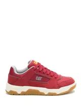 Championes Caterpillar modelo Theorem para hombre, de color rojo con detalles en blanco y suela de goma marrón. Confeccionados en ante y nylon, cuentan con entresuela de EVA para mayor amortiguación y diseño de inspiración urbana.