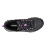 Championes Merrell Speed Strike 2 para mujer, color negro con detalles en violeta y gris. Diseñados para trekking, con capellada sintética y de malla, cordones y correas 100% reciclados, cuello acolchado, talón y puntera protectores, y suela de goma adherente Merrell.