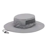 Sombrero de ala ancha Columbia modelo Bora Bora Booney, color gris, con paneles laterales de malla para ventilación, banda interna hidroabsorbente y cordón ajustable con tope en la parte posterior.