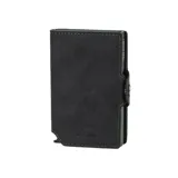 Billetera compacta de cuero genuino color verde oscuro con tarjetero de aluminio integrado. Cuenta con sistema de deslizamiento para tarjetas, protección RFID, compartimento para billetes y cierre lateral con broche.