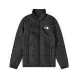 Campera puffer negra con cuello alto, cierre frontal y bolsillos laterales. Logo de The North Face bordado en el pecho.