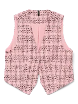 Chaleco sastrero de tejido plano con estampado tweed en tonos rosados, negros y blancos. Diseño sin mangas con corte regular.