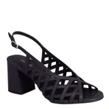 Sandalias Bottero de cuero negro con diseño calado en forma de entramado, taco ancho y tira ajustable con hebilla en el talón.