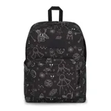 Mochila Jansport negra con estampado de motivos espaciales en blanco.