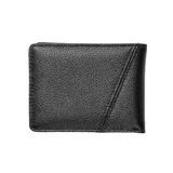 Billetera plegable Volcom de cuero vacuno con textura granulada, diseño bifold, costura decorativa diagonal y logo metálico circular en la esquina inferior.