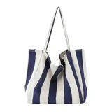 Tote bag de tela con diseño de rayas verticales en azul y blanco, formato amplio y asas dobles para hombro.