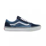 Championes Vans modelo Skate Old Skool, con diseño de paneles en tonos azul marino y azul claro. Presentan la clásica banda lateral blanca, cordones blancos y suela de goma vulcanizada con refuerzo.
