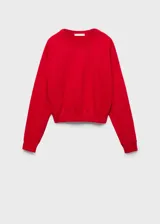 Buzo rojo de algodón con cuello redondo, mangas largas con puños elásticos y bajo con goma elástica.