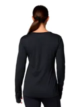 Remera de manga larga Columbia, color negro, con tecnología de protección solar UPF 50 y tejido de secado rápido con absorción de humedad. Presenta cuello redondo y puños con orificios para los pulgares.