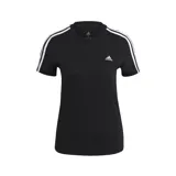 Remera Adidas Essentials de corte ajustado color negro, con tres rayas blancas en las mangas y logo bordado en el pecho.