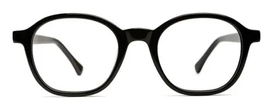 Armazón de acetato negro con forma redonda y patillas con núcleo de metal plateado.