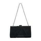 Cartera de mano tipo sobre, color negro, con diseño estructurado que combina tela satinada y panel central con apliques brillantes. Cuenta con cierre superior metálico con detalle de piedra decorativa y herrajes oscuros.