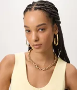 Conjunto de bijouterie compuesto por un collar de cadena de eslabones ovalados y un par de aros con diseño orgánico curvo. Ambos accesorios presentan un acabado metálico dorado.