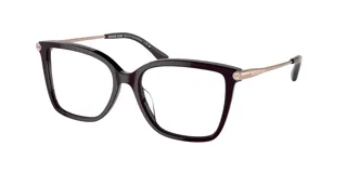 Armazón para lentes Michael Kors modelo 4101U, color borgoña con detalles dorados. Diseño cuadrado con patillas delgadas y logo MK en los laterales.