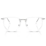 Lentes de receta Ray-Ban modelo 4451V, con armazón de acetato transparente y puente metálico plateado. Diseño de forma geométrica con patillas delgadas y logo de la marca en la lente.