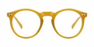 Lentes con protección contra luz azul y UV400, con montura redonda de material bio-based en color ámbar y lentes transparentes sin graduación.