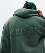 Hoodie de algodón verde con efecto acid wash, corte boxy, capucha y gran bordado en relieve con la palabra "horizon" en la espalda.