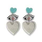 Aros colgantes con forma de corazón, ojo turco y corazón pequeño, con glitter.