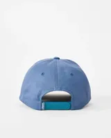 Gorro tipo gorra con visera Rip Curl Mod Cali Medallion, color azul, con diseño bordado frontal de palmeras y texto, y cordón blanco decorativo sobre la visera.