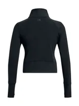 Campera negra de calce ajustado, con cuello alto, cierre frontal y mangas largas con orificios para los pulgares.