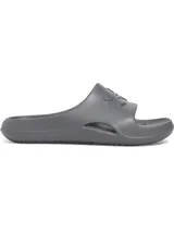 Sandalias Under Armour modelo Locker V, de diseño ergonómico moldeado en una sola pieza de EVA color gris. Presentan orificios de drenaje laterales y el logo de la marca en relieve sobre la banda superior.