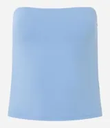 Top strapless (sin breteles) de color celeste claro, ajustado al cuerpo.